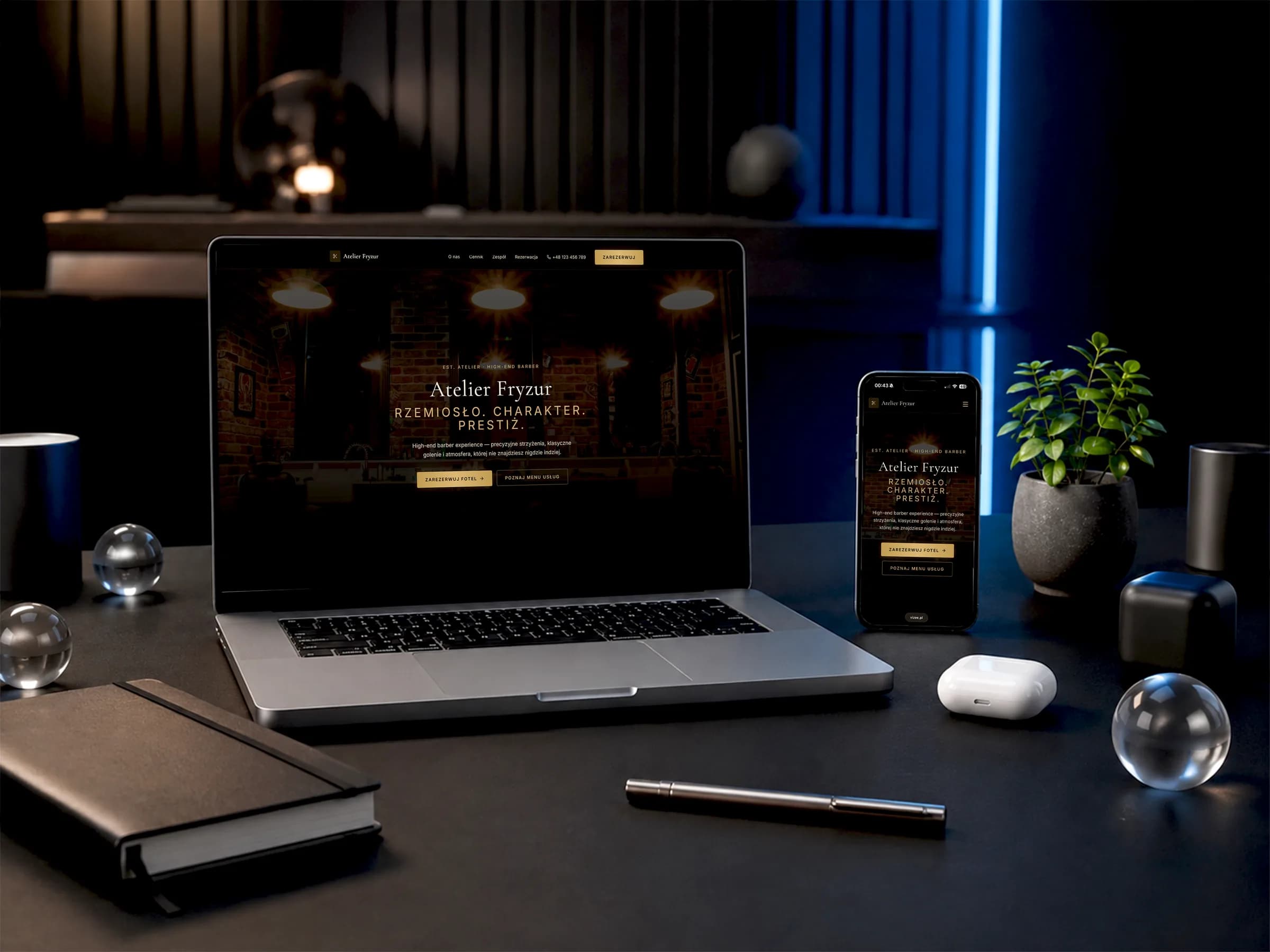 Szablon barbera Atelier Fryzur na MacBooku i iPhonie — responsywny design VIZEE.pl